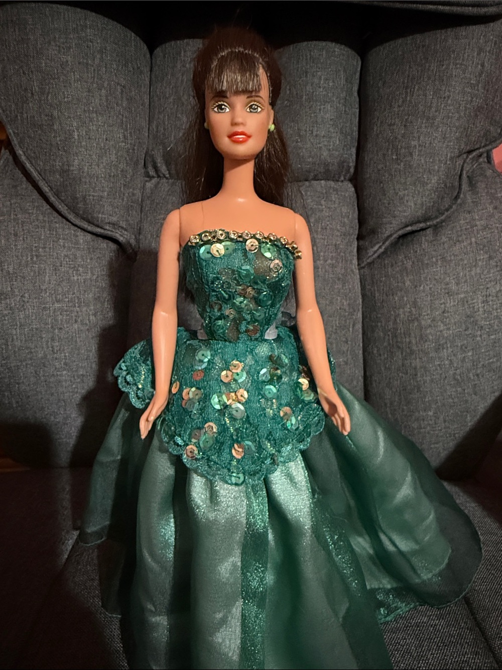 BeautifulBrunette Barbie Doll in gorgeous, sparkling Green Sequin Lace Ball Gown